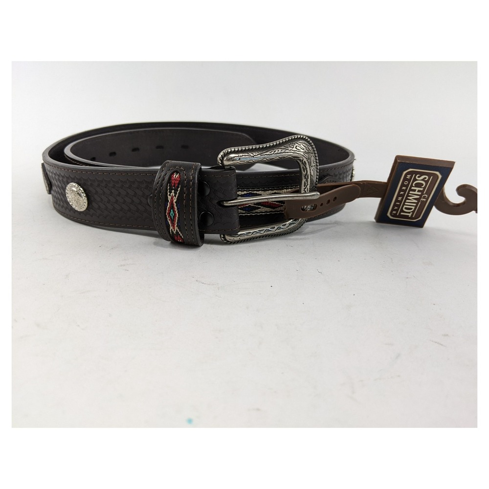 CE Schmidt Western Brown Leather Belt Size 44 Silver‎ Buckle & Accent Mens